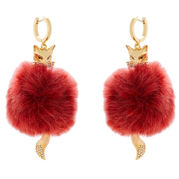 KATE SPADE • So Foxy Fox Russet Statement Huggies Earrings Pom Pom Fluffy - Picture 3 of 4